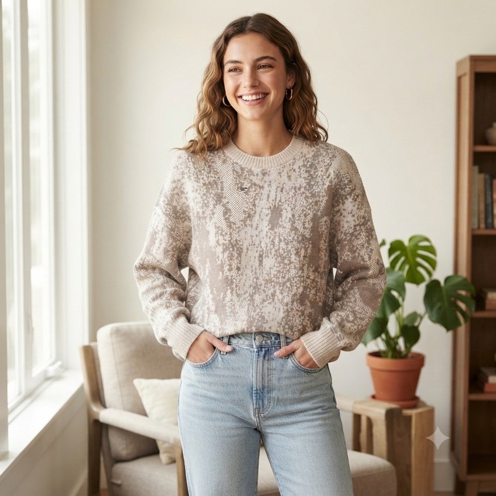 Hollister Boxy Fit Abstract Jacquard Knit Crewneck Sweater Neutral Taupe Cream M